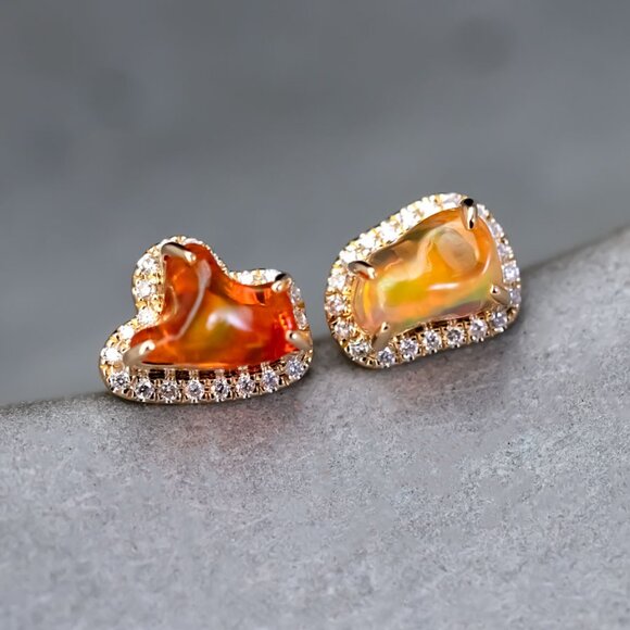 Two Colors Fire Opal Diamond Halo Stud Earrings 18K Yellow Gold